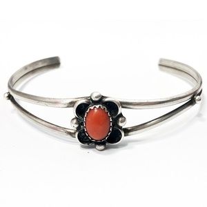 Vintage coral sterling silver cuff bracelet 6.75